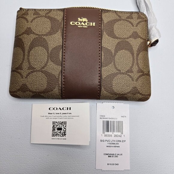 Coach Corner Zip Leather Wristlet Signature Canvas Gold Zipper Khaki Saddle 2 - Picture 6 of 7